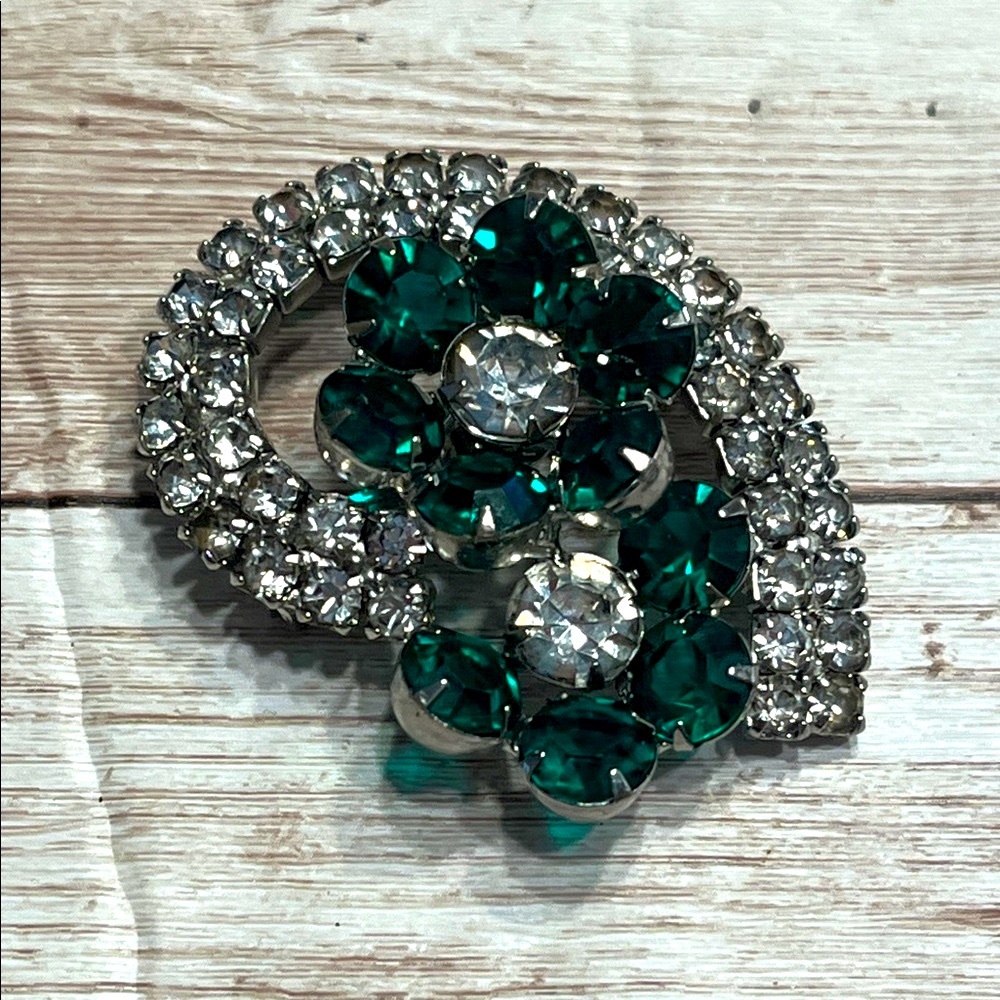 Vintage Silver and Teal Crystal Brooch